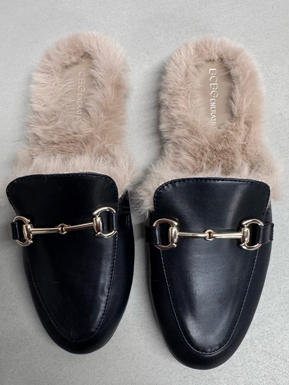 BCBGeneration Black Leather Faux-Fur Lined Mules with Gold Horsebit